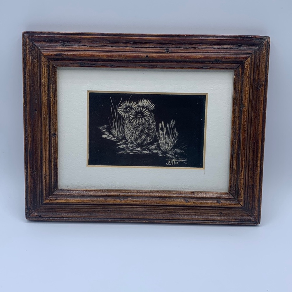 Vintage Blooming Cactus Black & White Signed JSutton Brown Wood Frame